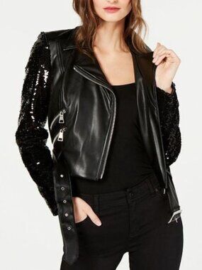 INC International Concepts Black Faux Leather & Sequin Moto Jacket L